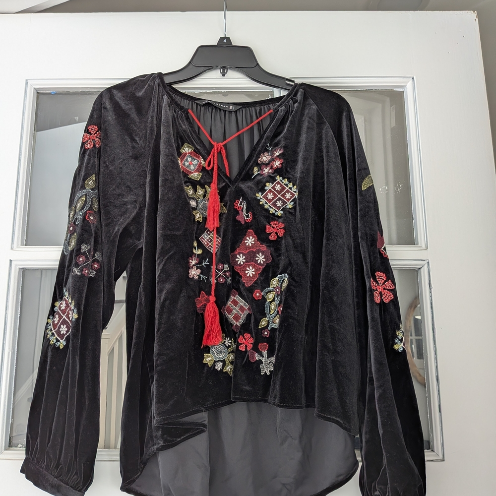 Zara Black Velvet Blouse with Colorful Embroidery